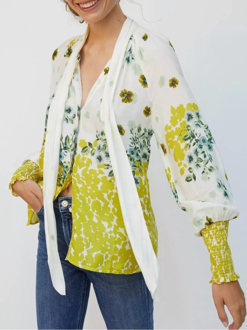 Anthropologie Fidela Tie-Neck Floral Blouse S Boho Cottagecore Regencycore Top